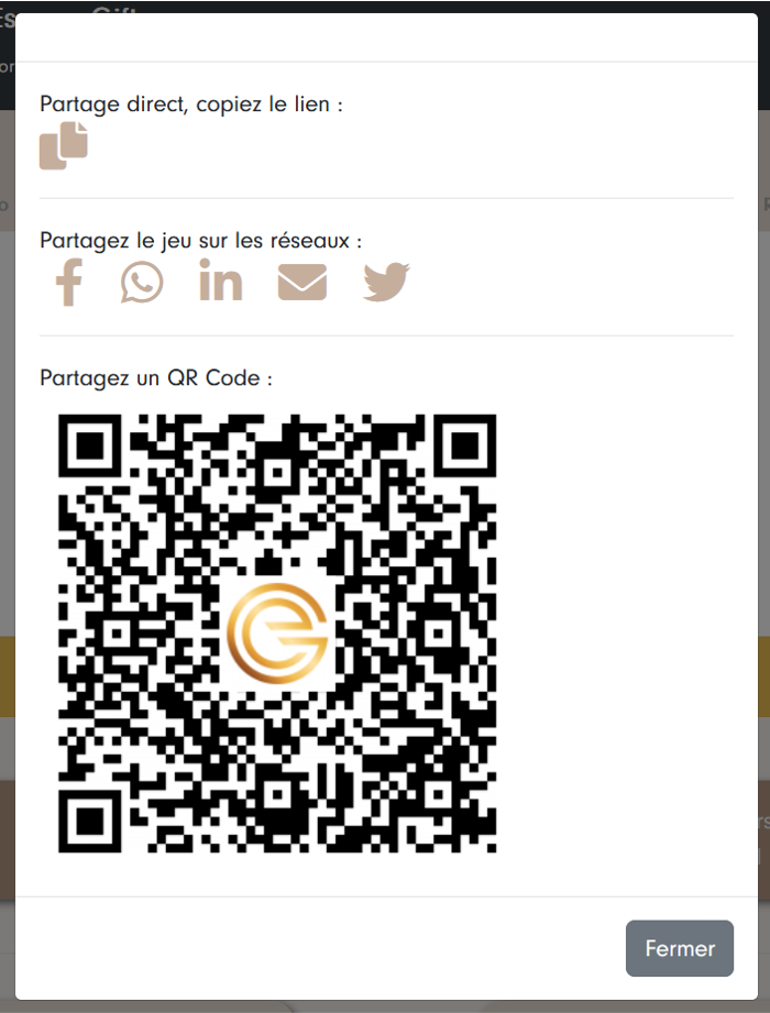 Game sharing window: copy the link, share it on social media or with a QR code
