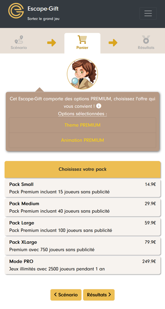 Cart tab: Premium options selected and choice of pack, from Small (15 players, €14.90) to Pro mode (2,500 players for one year, €249.90)