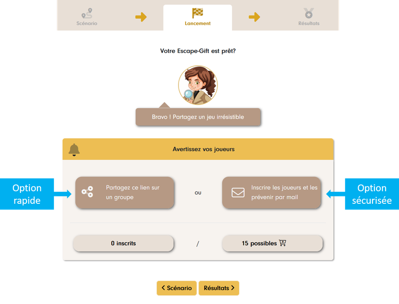 Launch tab: “Share this link in a group” (quick option) or “Register the players and notify them by email” (secure option)