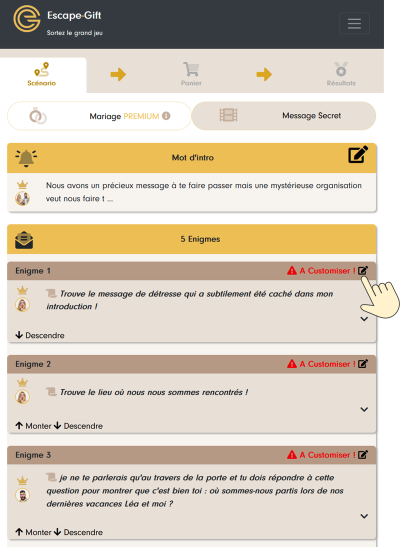 Scenario tab of the “Message secret” template: intro message and riddles marked “To customize!”