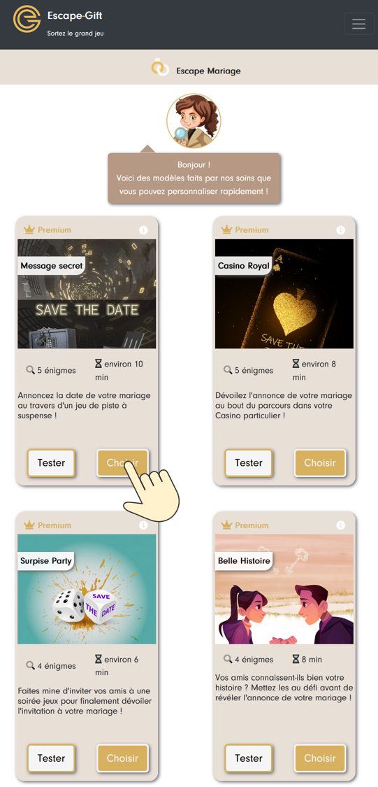 List of wedding templates (Message secret, Casino Royal, Surprise Party, Belle Histoire) with their “Test” and “Choose” buttons