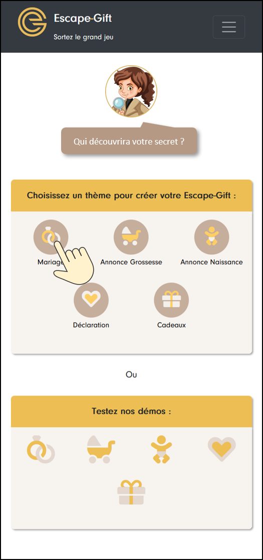 Home screen of the creation area: “Choose a theme to create your Escape-Gift” (Wedding, Pregnancy announcement, Birth announcement, Declaration, Gifts), with a finger on Wedding