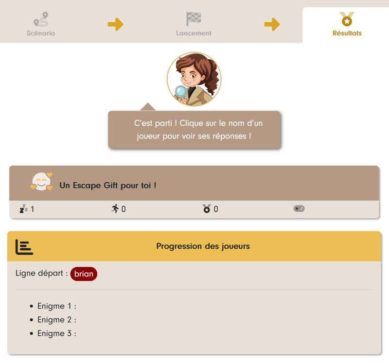 Results tab: player counters and “Players’ progress” riddle by riddle