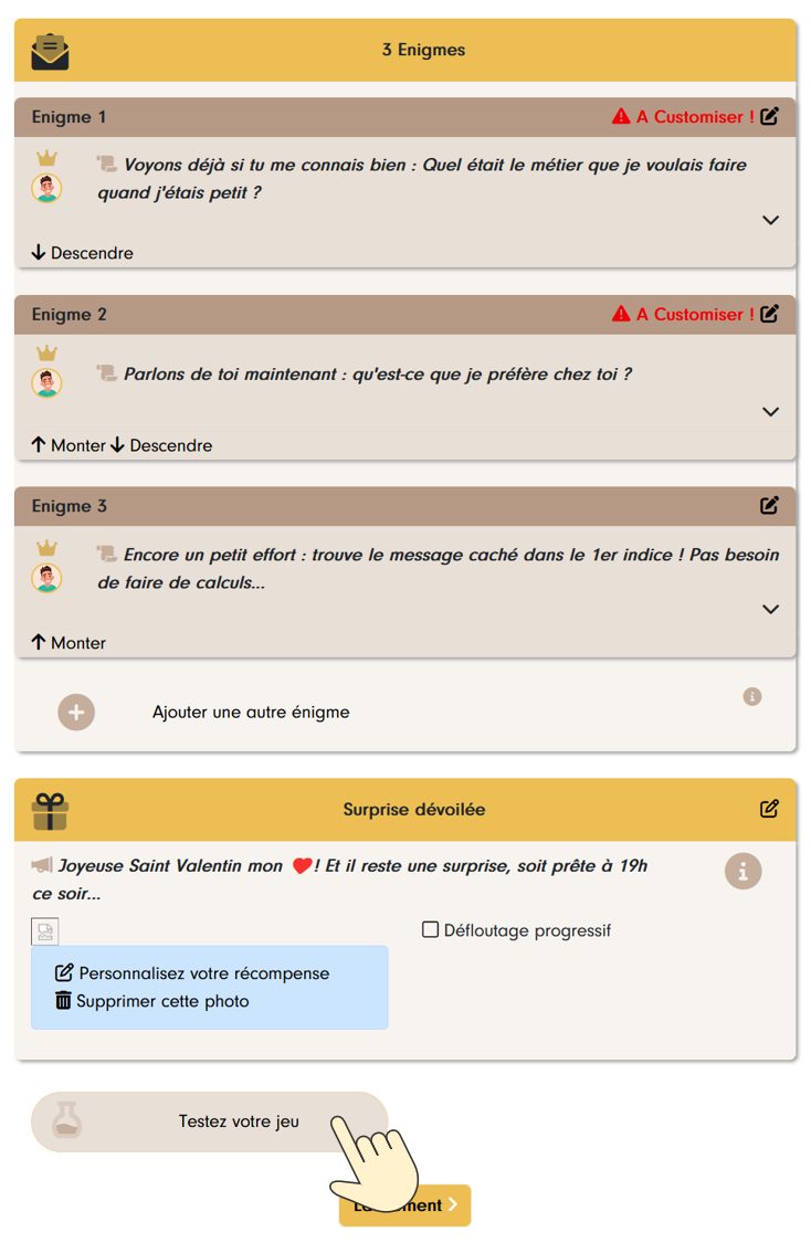 Bottom of the Scenario tab: three riddles, the revealed surprise and the “Test your game” button