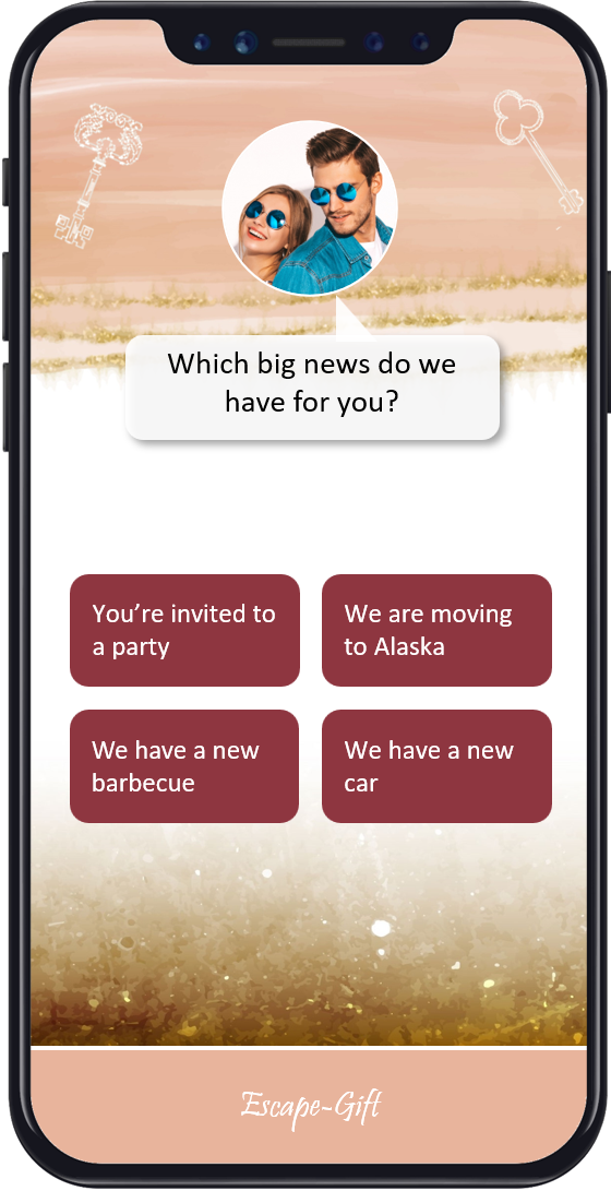 Énigme en anglais sur téléphone : « Which big news do we have for you? » et quatre réponses au choix