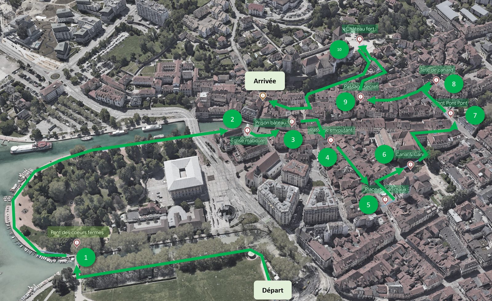 Route map over an aerial view of Annecy’s old town: ten numbered stops, from the “bridge of locked hearts” to the castle, between the start and the finish