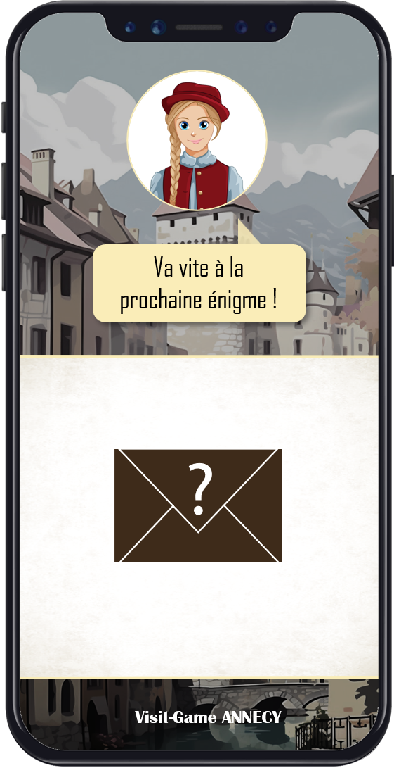 Phone screen of the Visit Game Annecy: Columba, the guide in traditional costume, says “Hurry to the next riddle!” in front of the old town