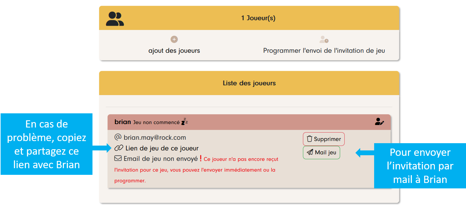 Escape-Gift gestion des joueurs